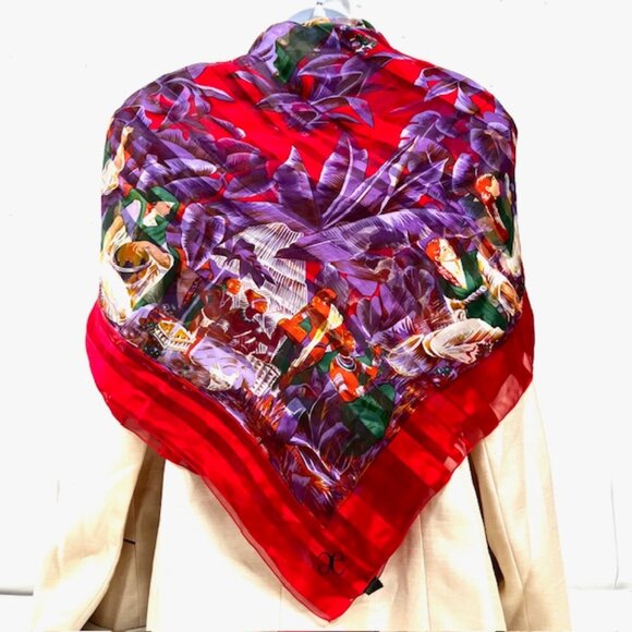 Elegance S.A PARIS   (EE) SCARF 100% SILK  Chiffon Satin  44"x44' Red Floral(32) - Picture 7 of 16